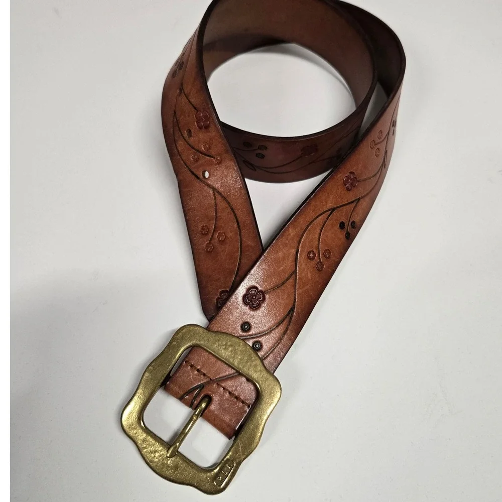 Lauren Ralph Lauren Brown Leather Floral Embossed Belt Solid Brass Buckle Large